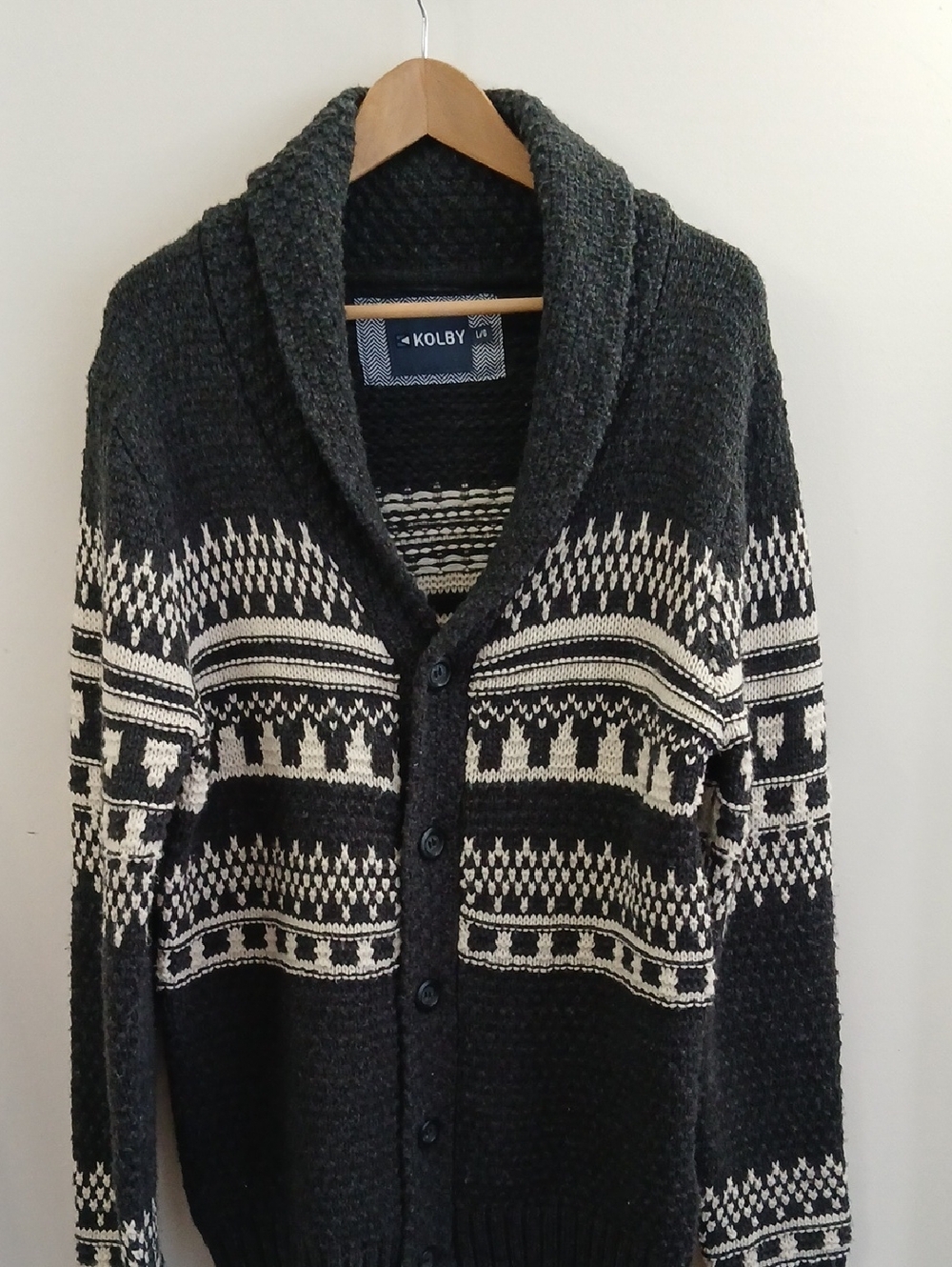 Men's Charcoal Shawl Collar Cardigan with Cream Fair Isle Pattern